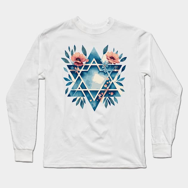 Israeli flag watercolor with flowers Long Sleeve T-Shirt by Mey Designs